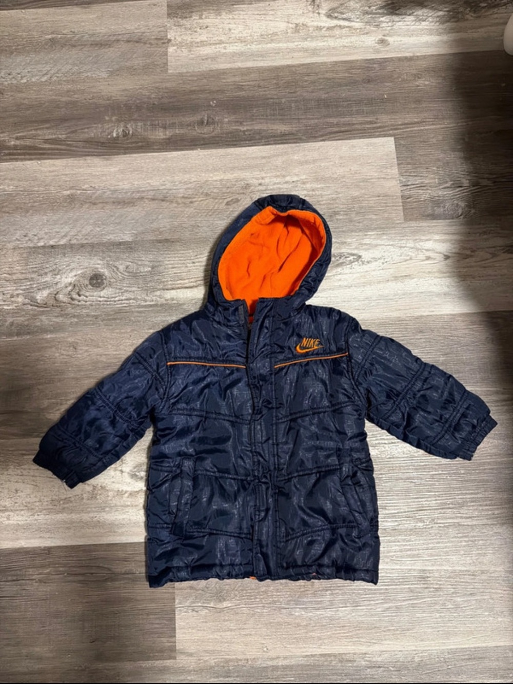 Nike Kids Navy Puffer Coat with Orange Hood and Trim size 4